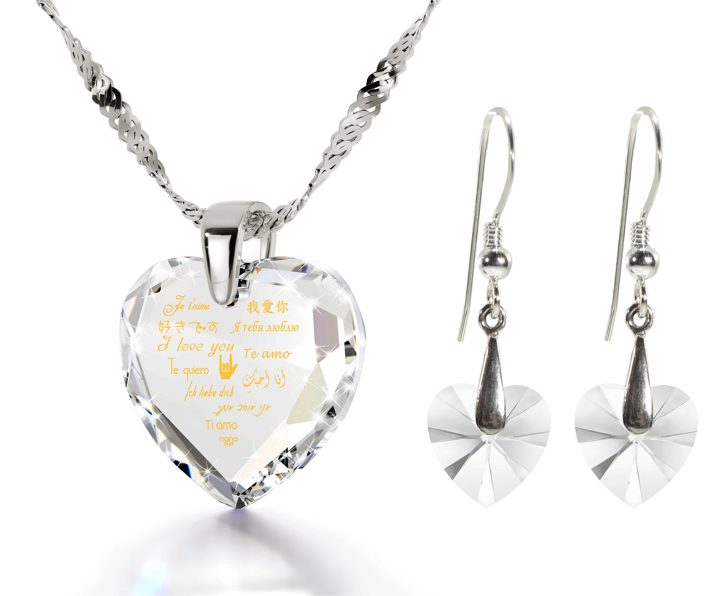 I Love You Necklace and Crystal Earrings Heart Jewelry Set