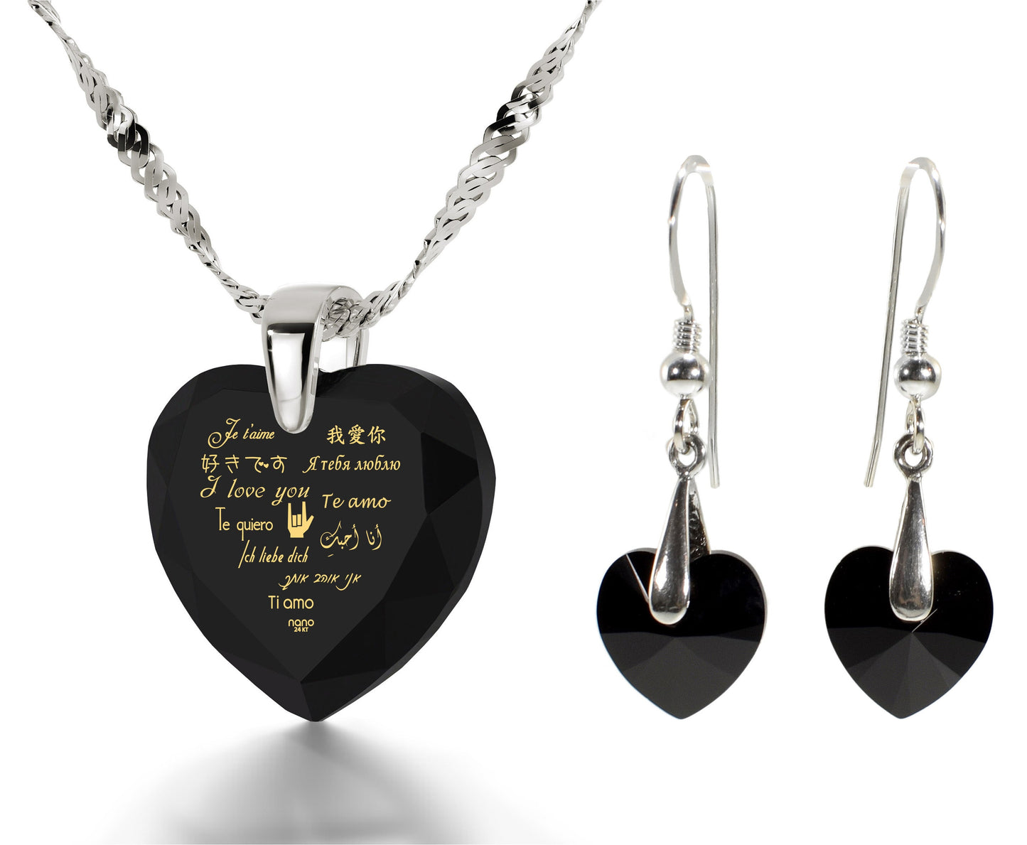 I Love You Necklace and Crystal Earrings Heart Jewelry Set