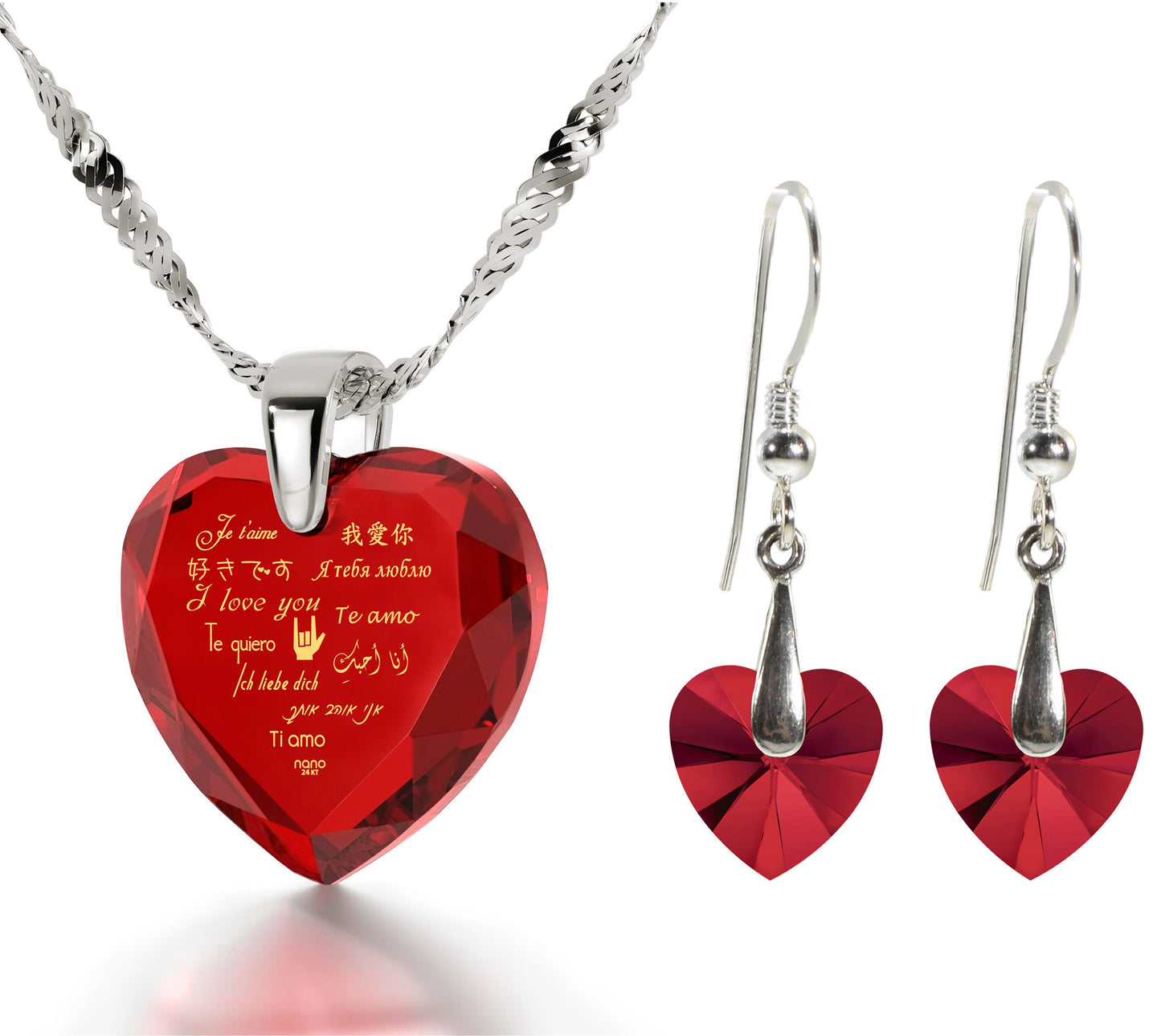 I Love You Necklace and Crystal Earrings Heart Jewelry Set